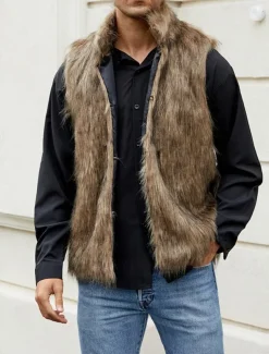 Men's Vest Faux Fur Gilet Daily Date Vacation Fashion Casual Fall & Winter Keep Warm Polyester Comfortable Plain Cardigan Stand Collar Regular Fit Black White Yellow Vest