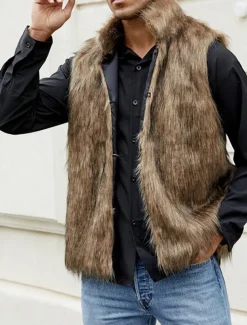Men's Vest Faux Fur Gilet Daily Date Vacation Fashion Casual Fall & Winter Keep Warm Polyester Comfortable Plain Cardigan Stand Collar Regular Fit Black White Yellow Vest