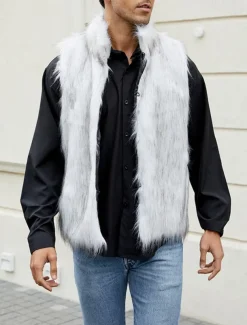 Men's Vest Faux Fur Gilet Daily Date Vacation Fashion Casual Fall & Winter Keep Warm Polyester Comfortable Plain Cardigan Stand Collar Regular Fit Black White Yellow Vest