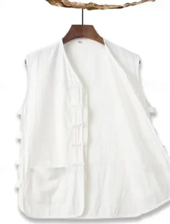 Men's Vest Gilet Daily Vacation Beach Vintage Fashion Spring & Summer Button Pocket 85% Cotton Breathable Comfortable Plain Single Breasted One-button V Neck Regular Fit Black White Burgundy Navy Blue