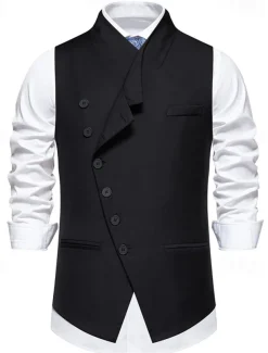 Men's Vest Gilet Daily Wear Vacation Going out Vintage Fashion Spring & Fall Button Polyester Comfortable Plain Single Breasted V Neck Regular Fit Black Gray Vest