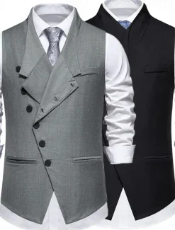 Men's Vest Gilet Daily Wear Vacation Going out Vintage Fashion Spring & Fall Button Polyester Comfortable Plain Single Breasted V Neck Regular Fit Black Gray Vest