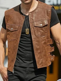 Men's Vest Gilet Daily Wear Vacation Going out Fashion Basic Spring & Fall Front Pocket Polyester PU Leather Comfortable Plain Zipper Cardigan Crew Neck Regular Fit Black Brown Vest