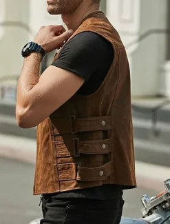 Men's Vest Gilet Daily Wear Vacation Going out Fashion Basic Spring & Fall Front Pocket Polyester PU Leather Comfortable Plain Zipper Cardigan Crew Neck Regular Fit Black Brown Vest