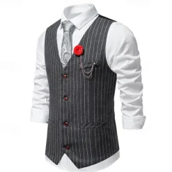 Men's Vest Gilet Daily Wear Vacation Going out Vintage Fashion Spring & Fall Button Polyester Comfortable Plain Single Breasted V Neck Regular Fit Black Dark Gray Vest