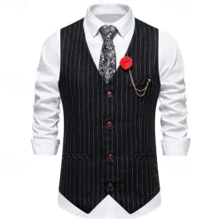 Men's Vest Gilet Daily Wear Vacation Going out Vintage Fashion Spring & Fall Button Polyester Comfortable Plain Single Breasted V Neck Regular Fit Black Dark Gray Vest