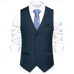 Men's Vest Gilet Daily Wear Vacation Going out Vintage Fashion Spring & Fall Button Polyester Comfortable Plain Single Breasted V Neck Regular Fit Black Burgundy Dark Navy Sky Blue Vest