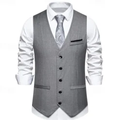 Men's Vest Gilet Daily Wear Vacation Going out Vintage Fashion Spring & Fall Button Polyester Comfortable Plain Single Breasted V Neck Regular Fit Black Burgundy Dark Navy Sky Blue Vest