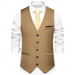 Men's Vest Gilet Daily Wear Vacation Going out Vintage Fashion Spring & Fall Button Polyester Comfortable Plain Single Breasted V Neck Regular Fit Black Burgundy Dark Navy Sky Blue Vest