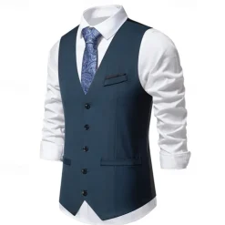 Men's Vest Gilet Daily Wear Vacation Going out Vintage Fashion Spring & Fall Button Polyester Comfortable Plain Single Breasted V Neck Regular Fit Black Burgundy Dark Navy Sky Blue Vest
