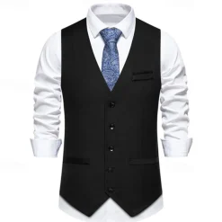 Men's Vest Gilet Daily Wear Vacation Going out Vintage Fashion Spring & Fall Button Polyester Comfortable Plain Single Breasted V Neck Regular Fit Black Burgundy Dark Navy Sky Blue Vest