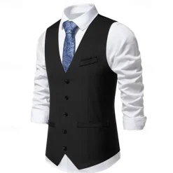 Men's Vest Gilet Daily Wear Vacation Going out Vintage Fashion Spring & Fall Button Polyester Comfortable Plain Single Breasted V Neck Regular Fit Black Burgundy Dark Navy Sky Blue Vest
