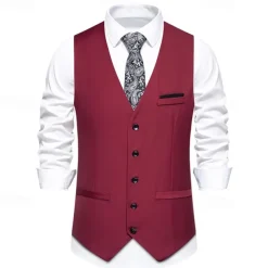 Men's Vest Gilet Daily Wear Vacation Going out Vintage Fashion Spring & Fall Button Polyester Comfortable Plain Single Breasted V Neck Regular Fit Black Burgundy Dark Navy Sky Blue Vest