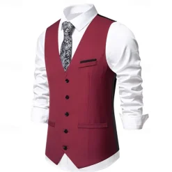 Men's Vest Gilet Daily Wear Vacation Going out Vintage Fashion Spring & Fall Button Polyester Comfortable Plain Single Breasted V Neck Regular Fit Black Burgundy Dark Navy Sky Blue Vest