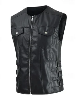 Men's Vest Gilet Faux Leather Vest Outdoor Daily Fashion Casual Spring Fall Zip Up Pocket PU Leather Comfortable Plain Zipper Crew Neck Regular Fit Black Brown Vest