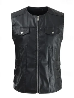 Men's Vest Gilet Faux Leather Vest Outdoor Daily Fashion Casual Spring Fall Zip Up Pocket PU Leather Comfortable Plain Zipper Crew Neck Regular Fit Black Brown Vest