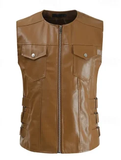Men's Vest Gilet Faux Leather Vest Outdoor Daily Fashion Casual Spring Fall Zip Up Pocket PU Leather Comfortable Plain Zipper Crew Neck Regular Fit Black Brown Vest