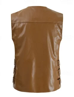 Men's Vest Gilet Faux Leather Vest Outdoor Daily Fashion Casual Spring Fall Zip Up Pocket PU Leather Comfortable Plain Zipper Crew Neck Regular Fit Black Brown Vest