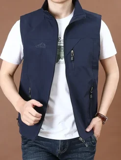 Men's Vest Gilet Fishing Vest Hiking Vest Daily Date Vacation Fashion Casual Spring & Fall Pocket Nylon Comfortable Plain Zipper Stand Collar Regular Fit Black Red Royal Blue Khaki Vest