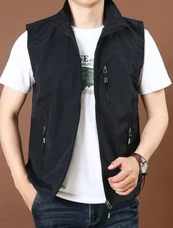 Men's Vest Gilet Fishing Vest Hiking Vest Daily Date Vacation Fashion Casual Spring & Fall Pocket Nylon Comfortable Plain Zipper Stand Collar Regular Fit Black Red Royal Blue Khaki Vest