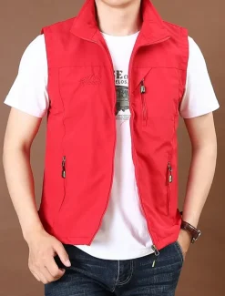 Men's Vest Gilet Fishing Vest Hiking Vest Daily Date Vacation Fashion Casual Spring & Fall Pocket Nylon Comfortable Plain Zipper Stand Collar Regular Fit Black Red Royal Blue Khaki Vest