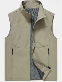 Men's Vest Gilet Fishing Vest Hiking Vest Daily Date Vacation Fashion Casual Spring & Summer Pocket Polyester Breathability Plain Zipper Stand Collar Regular Fit Black Khaki Army Green Dark Blue Vest