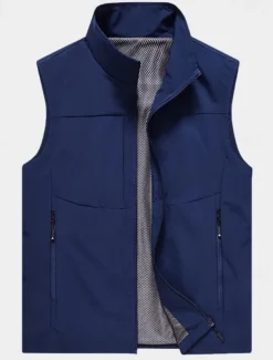 Men's Vest Gilet Fishing Vest Hiking Vest Daily Date Vacation Fashion Casual Spring & Summer Pocket Polyester Breathability Plain Zipper Stand Collar Regular Fit Black Khaki Army Green Dark Blue Vest