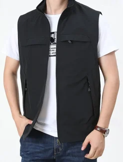 Men's Vest Gilet Fishing Vest Hiking Vest Daily Date Vacation Fashion Casual Spring & Fall Pocket Nylon Comfortable Mountain Zipper Stand Collar Regular Fit Black Khaki Army Green Dark Blue Vest