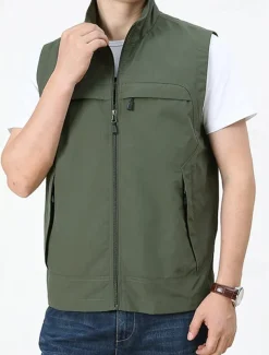 Men's Vest Gilet Fishing Vest Hiking Vest Daily Date Vacation Fashion Casual Spring & Fall Pocket Nylon Comfortable Mountain Zipper Stand Collar Regular Fit Black Khaki Army Green Dark Blue Vest