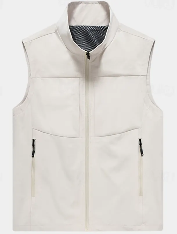 Men's Vest Gilet Fishing Vest Hiking Vest Sleeveless Vest Gilet Jacket Daily Wear Modern Contemporary Spring & Summer Outdoor Solid / Plain Color Zipper Standing Collar Loose Fit rice white Black