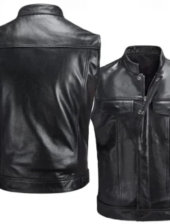 Men's Vest Gilet Leather Vest Daily Vacation Weekend Fashion Casual Fall & Winter Pocket 60% Cotton Comfortable Plain Zipper Stand Collar Regular Fit Black Vest