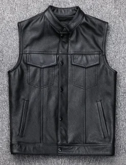 Men's Vest Gilet Leather Vest Daily Vacation Weekend Fashion Casual Fall & Winter Pocket 60% Cotton Comfortable Plain Zipper Stand Collar Regular Fit Black Vest