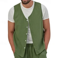 Men's Vest Gilet Linen Vest Vacation Daily Date Fashion Casual Summer Spring Buttons Pocket Linen Comfortable Plain Single Breasted One-button V Neck Regular Fit Black Yellow Light Green Navy Blue