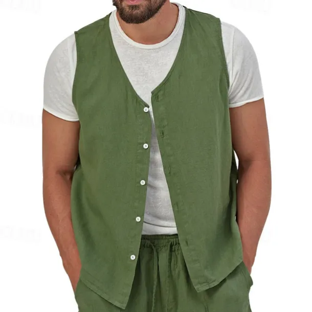 Men's Vest Gilet Linen Vest Vacation Daily Date Fashion Casual Summer Spring Buttons Pocket Linen Comfortable Plain Single Breasted One-button V Neck Regular Fit Black Yellow Light Green Navy Blue