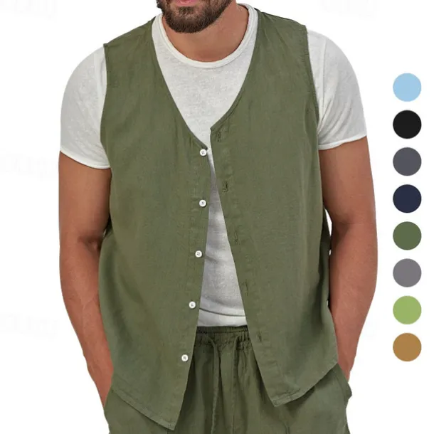 Men's Vest Gilet Linen Vest Vacation Daily Date Fashion Casual Summer Spring Buttons Pocket Linen Comfortable Plain Single Breasted One-button V Neck Regular Fit Black Yellow Light Green Navy Blue