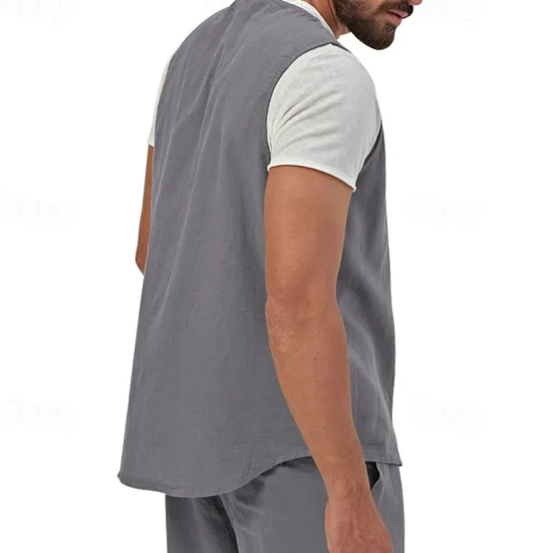 Men's Vest Gilet Linen Vest Vacation Daily Date Fashion Casual Summer Spring Buttons Pocket Linen Comfortable Plain Single Breasted One-button V Neck Regular Fit Black Yellow Light Green Navy Blue