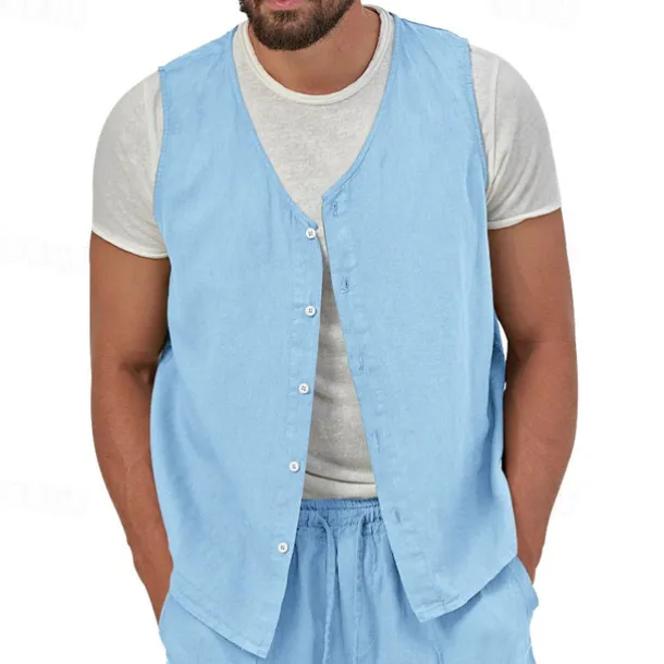 Men's Vest Gilet Linen Vest Vacation Daily Date Fashion Casual Summer Spring Buttons Pocket Linen Comfortable Plain Single Breasted One-button V Neck Regular Fit Black Yellow Light Green Navy Blue
