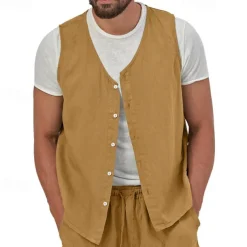 Men's Vest Gilet Linen Vest Vacation Daily Date Fashion Casual Summer Spring Buttons Pocket Linen Comfortable Plain Single Breasted One-button V Neck Regular Fit Black Yellow Light Green Navy Blue