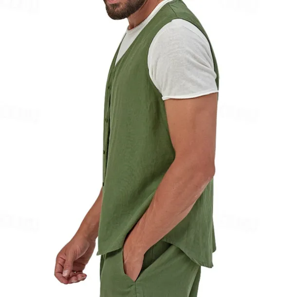 Men's Vest Gilet Linen Vest Vacation Daily Date Fashion Casual Summer Spring Buttons Pocket Linen Comfortable Plain Single Breasted One-button V Neck Regular Fit Black Yellow Light Green Navy Blue