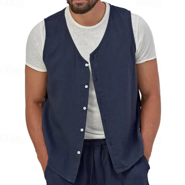 Men's Vest Gilet Linen Vest Vacation Daily Date Fashion Casual Summer Spring Buttons Pocket Linen Comfortable Plain Single Breasted One-button V Neck Regular Fit Black Yellow Light Green Navy Blue