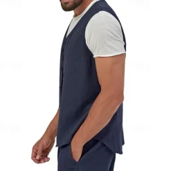 Men's Vest Gilet Linen Vest Vacation Daily Date Fashion Casual Summer Spring Buttons Pocket Linen Comfortable Plain Single Breasted One-button V Neck Regular Fit Black Yellow Light Green Navy Blue