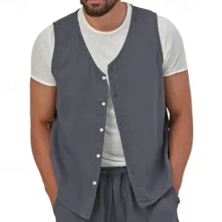 Men's Vest Gilet Linen Vest Vacation Daily Date Fashion Casual Summer Spring Buttons Pocket Linen Comfortable Plain Single Breasted One-button V Neck Regular Fit Black Yellow Light Green Navy Blue