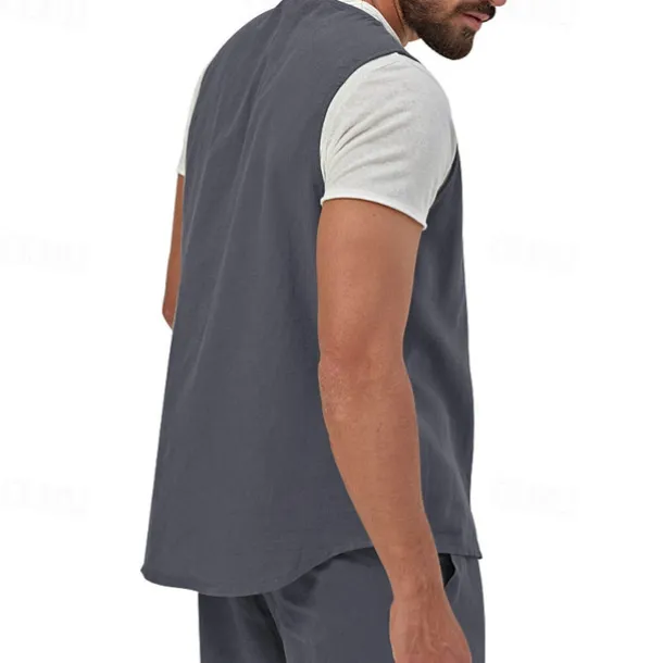 Men's Vest Gilet Linen Vest Vacation Daily Date Fashion Casual Summer Spring Buttons Pocket Linen Comfortable Plain Single Breasted One-button V Neck Regular Fit Black Yellow Light Green Navy Blue