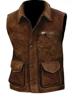 Men's Vest Gilet Outdoor Daily Vintage Casual Spring Fall Pocket Buttons Polyester Comfortable Plain Single Breasted One-button Lapel Regular Fit Brown Vest