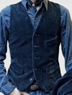 Men's Vest Gilet Vacation Daily Vintage Fashion Spring & Fall Buttons Decorative pockets Polyester Corduroy Comfortable Plain Single Breasted One-button V Neck Regular Fit Black Blue Brown Army Green