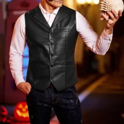 Men's Vest Gilet Vacation Daily Date Fashion Casual Spring Fall Buttons Pocket Faux Leather Comfortable Plain Single Breasted One-button Lapel Regular Fit Dark Brown Black Red Light Brown Vest