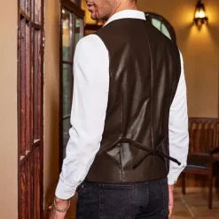 Men's Vest Gilet Vacation Daily Date Fashion Casual Spring Fall Buttons Pocket Faux Leather Comfortable Plain Single Breasted One-button Lapel Regular Fit Dark Brown Black Red Light Brown Vest