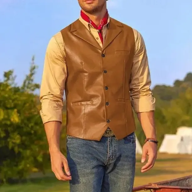 Men's Vest Gilet Vacation Daily Date Fashion Casual Spring Fall Buttons Pocket Faux Leather Comfortable Plain Single Breasted One-button Lapel Regular Fit Dark Brown Black Red Light Brown Vest