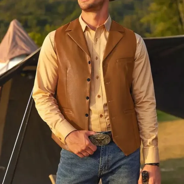 Men's Vest Gilet Vacation Daily Date Fashion Casual Spring Fall Buttons Pocket Faux Leather Comfortable Plain Single Breasted One-button Lapel Regular Fit Dark Brown Black Red Light Brown Vest