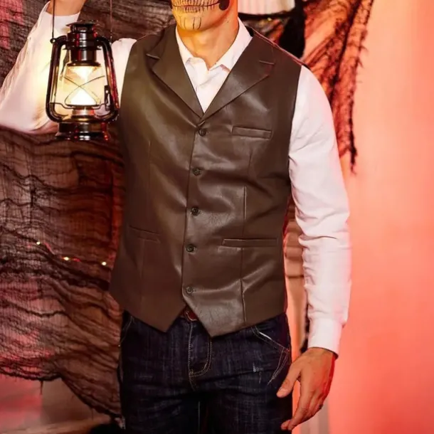 Men's Vest Gilet Vacation Daily Date Fashion Casual Spring Fall Buttons Pocket Faux Leather Comfortable Plain Single Breasted One-button Lapel Regular Fit Dark Brown Black Red Light Brown Vest